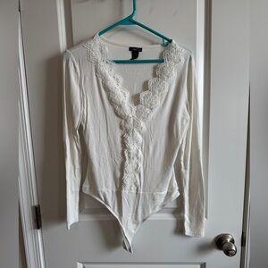 Rue21 White Lace Detail Long Sleeve Bodysuit Size Large